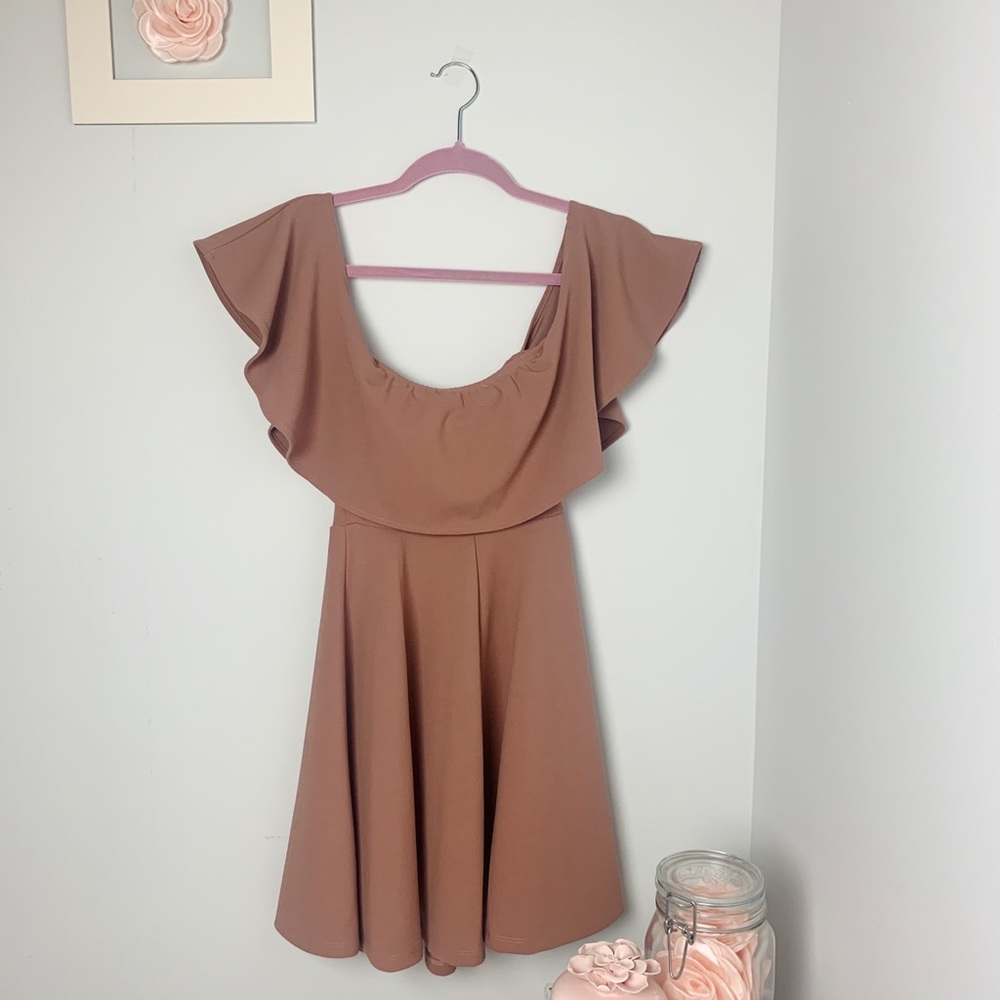 A mauve purple off the shoulder dress